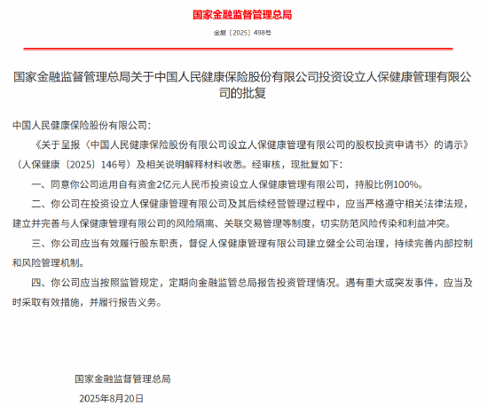 天天配资网 国家金融监管总局：同意中国人民健康保险股份有限公司投资设立人保健康管理有限公司