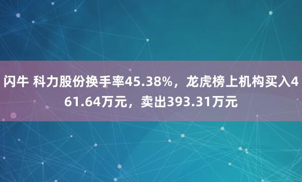 闪牛 科力股份换手率45.38%，龙虎榜上机构买入461.64万元，卖出393.31万元